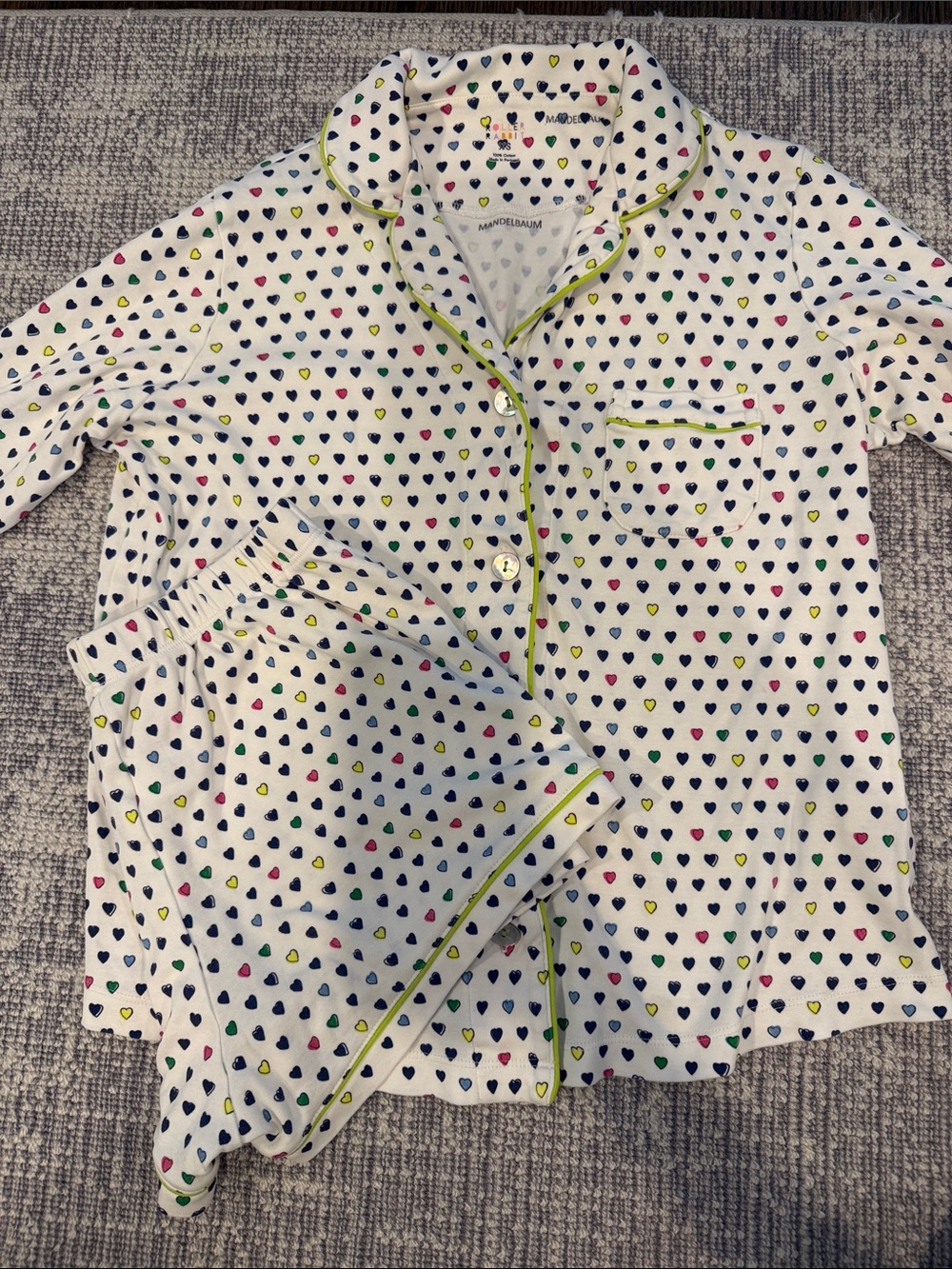 Roller Rabbit White Heart-Print Pajama Set with Navy, Pink & Yellow Accents